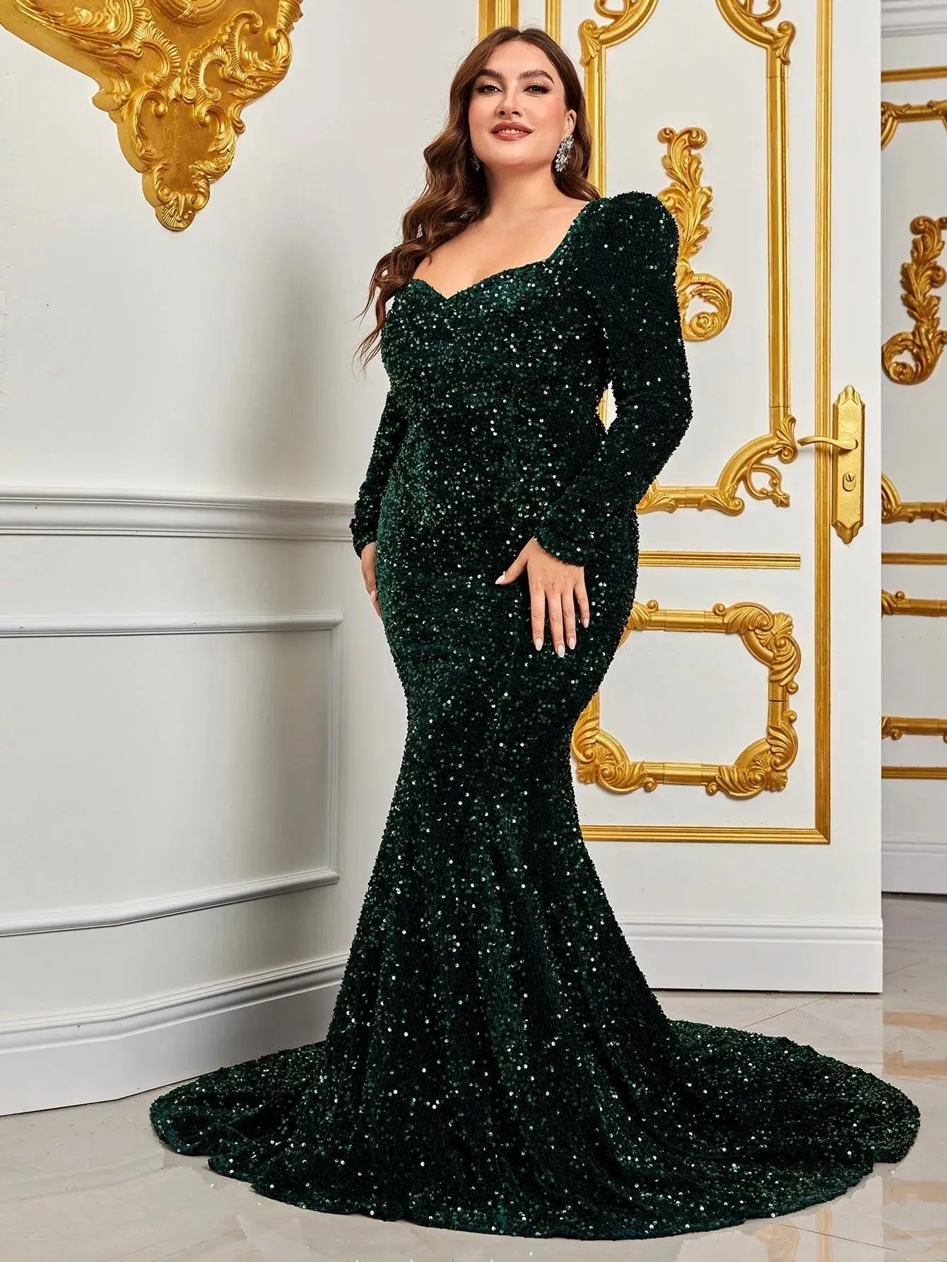 Plus Sweetheart Neck Backless Sequin Mermaid Dress