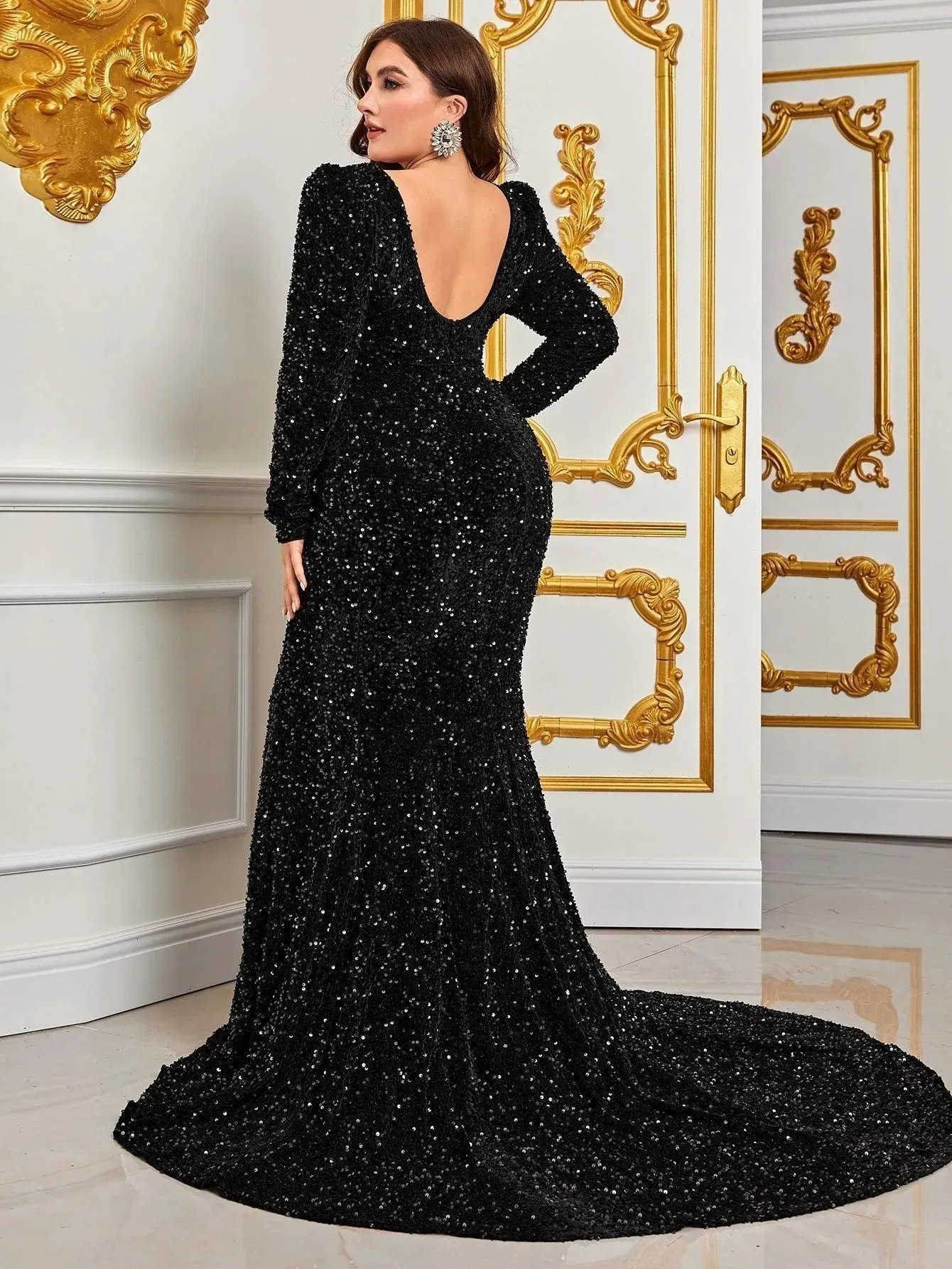 Plus Sweetheart Neck Backless Sequin Mermaid Dress