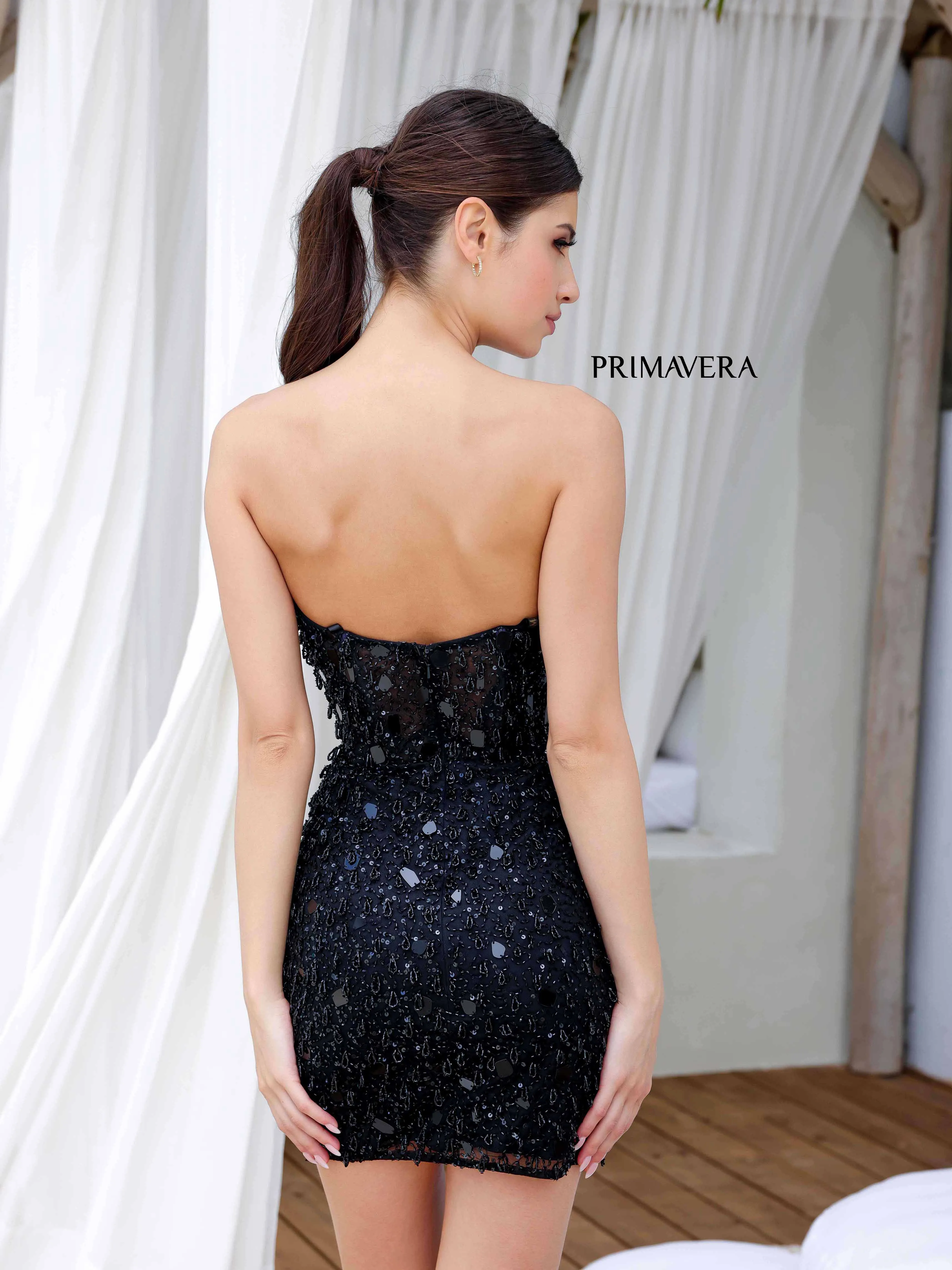 Primavera Couture 4252 Fringe and Mirror Cocktail Dress Strapless Sweetheart Neckline Slit