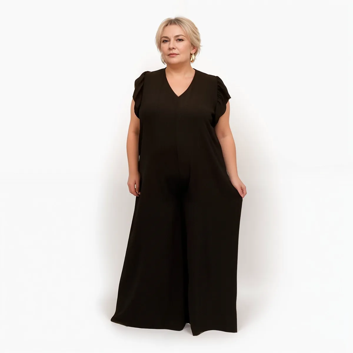 ROCKTHOSECURVES V NECK FRILLED CAP SLEEVE JUMPSUIT