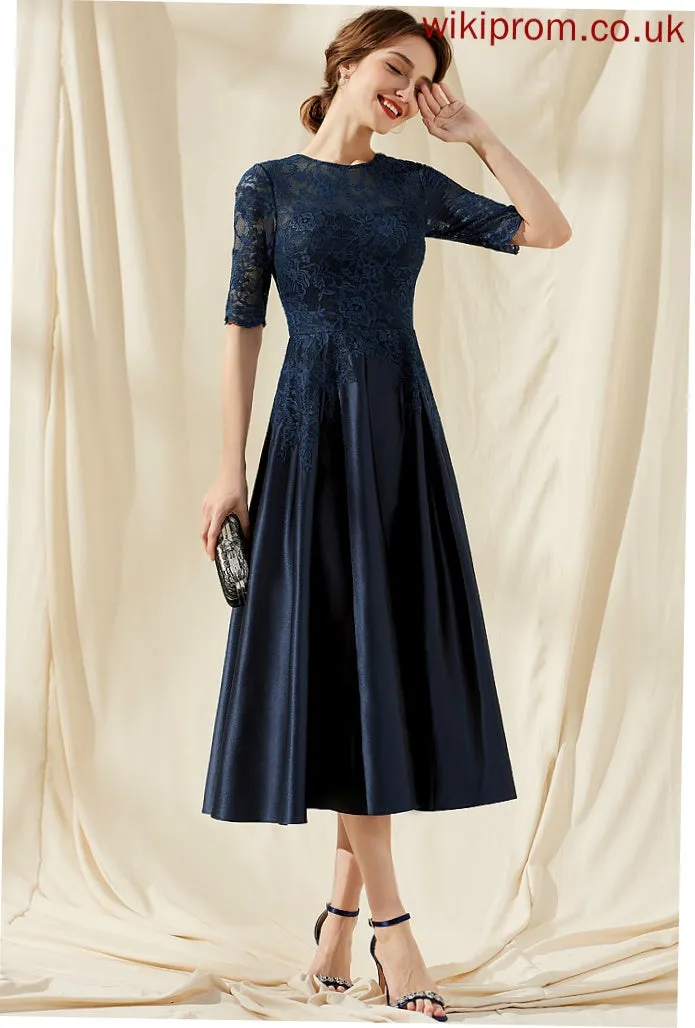 Scoop Sandra Dress Tea-Length Cocktail A-Line Lace Neck Satin Cocktail Dresses