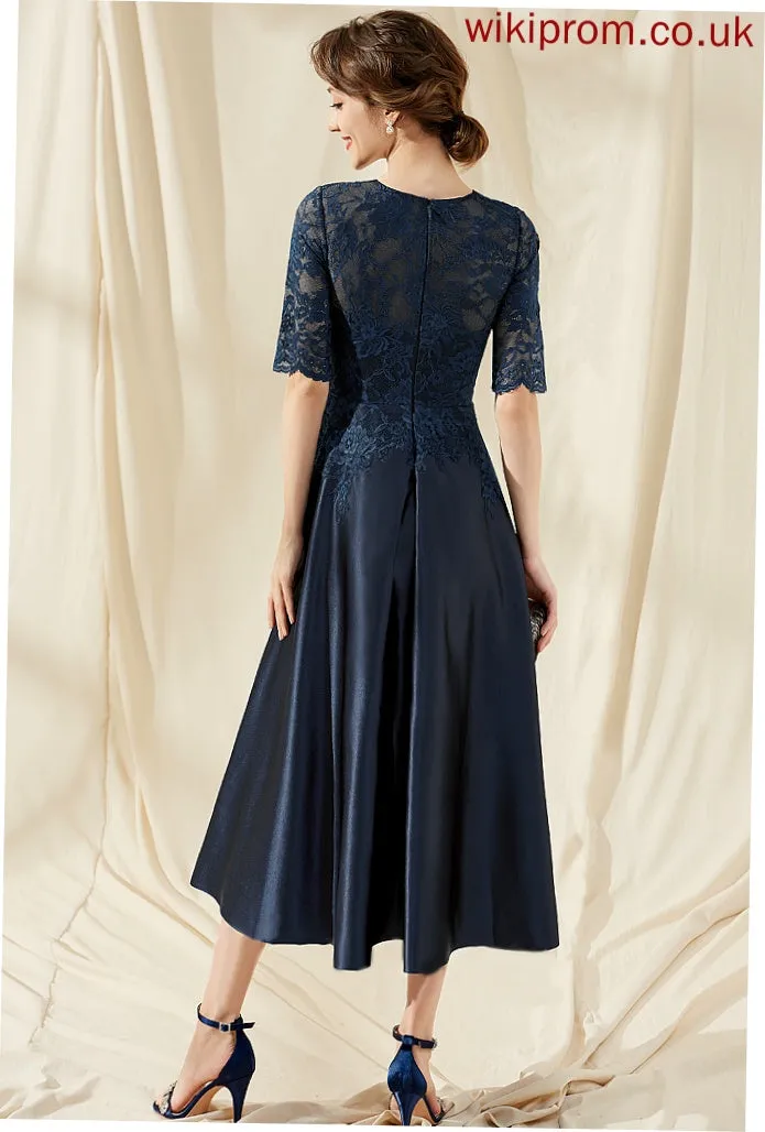 Scoop Sandra Dress Tea-Length Cocktail A-Line Lace Neck Satin Cocktail Dresses