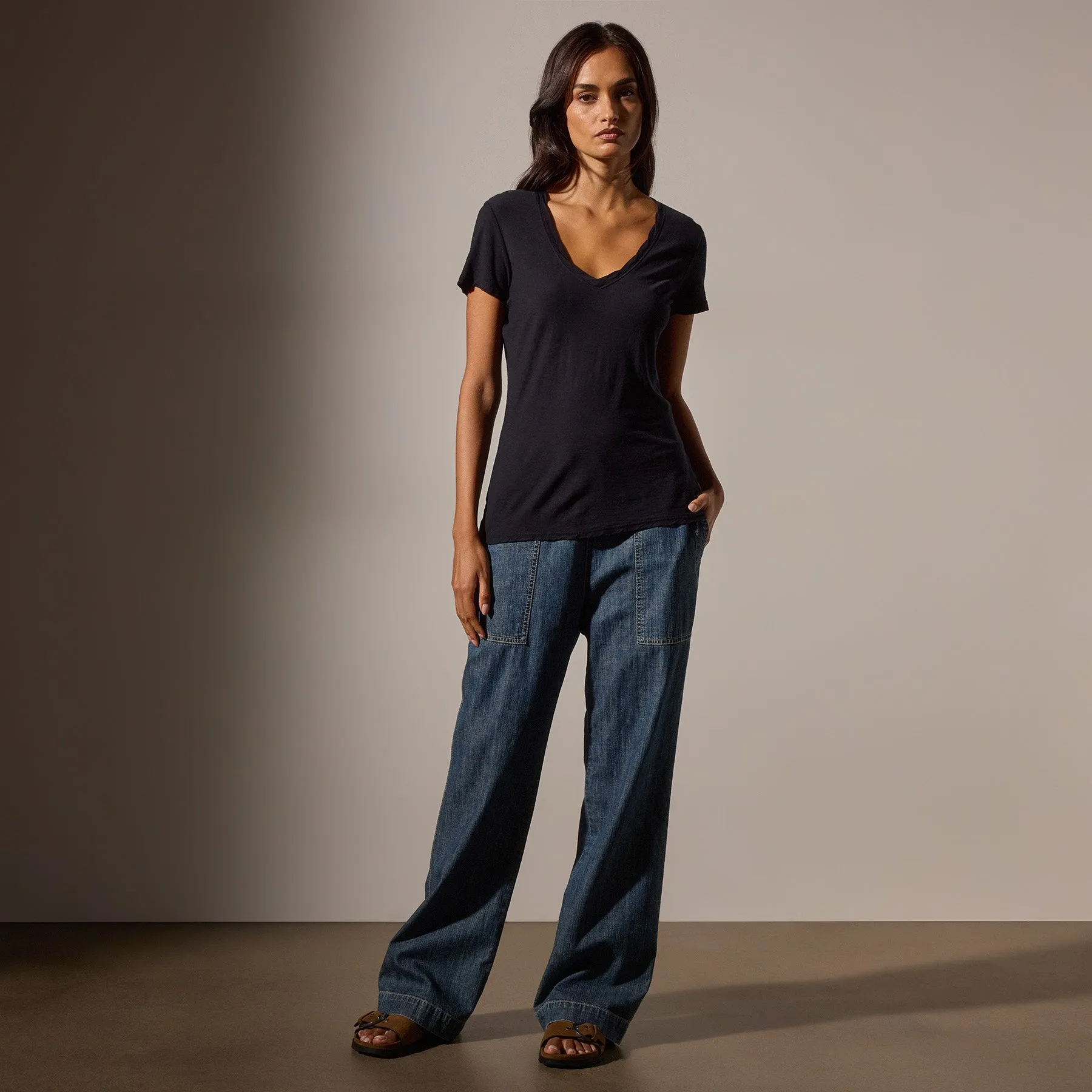 Sheer Slub Casual V Neck - Deep