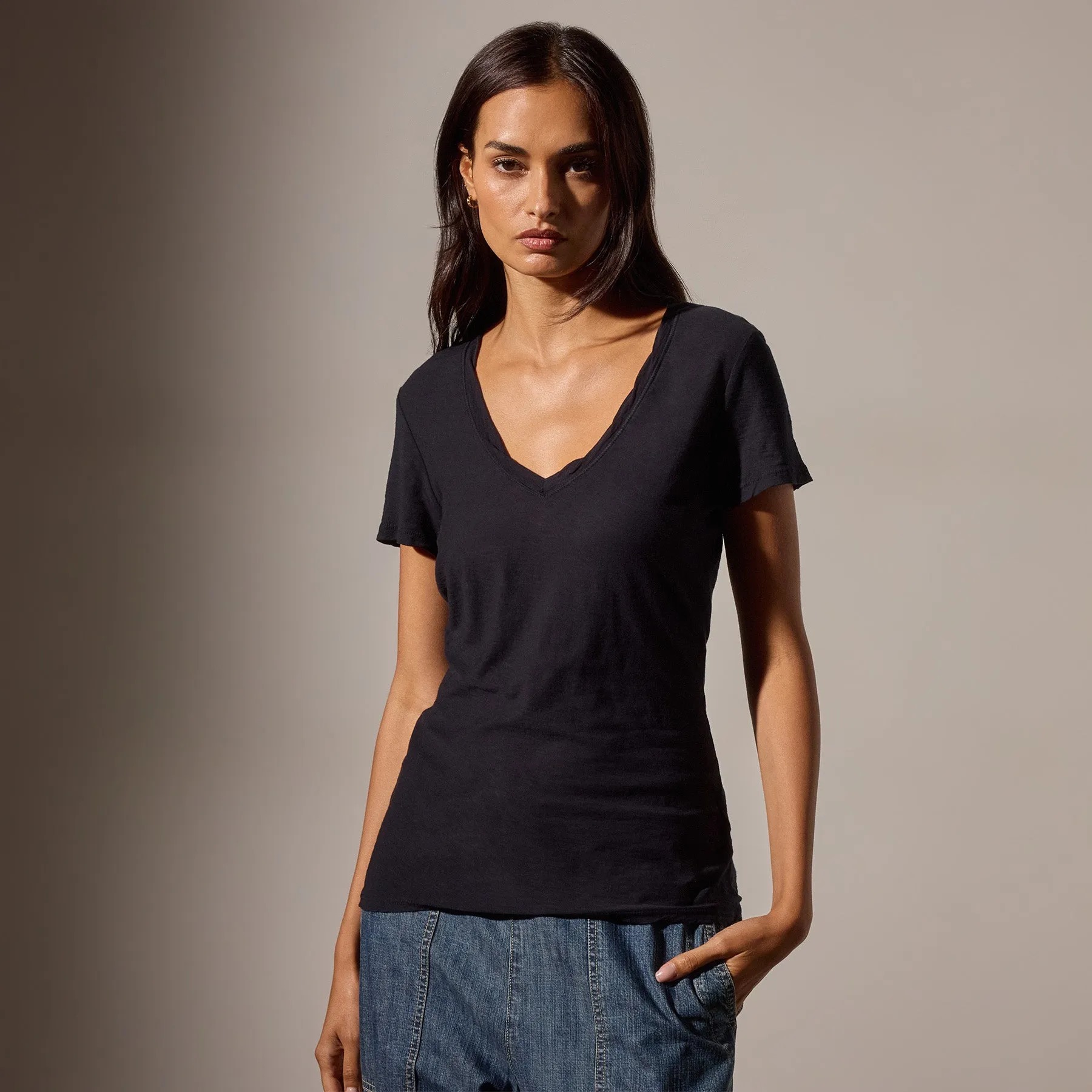 Sheer Slub Casual V Neck - Deep