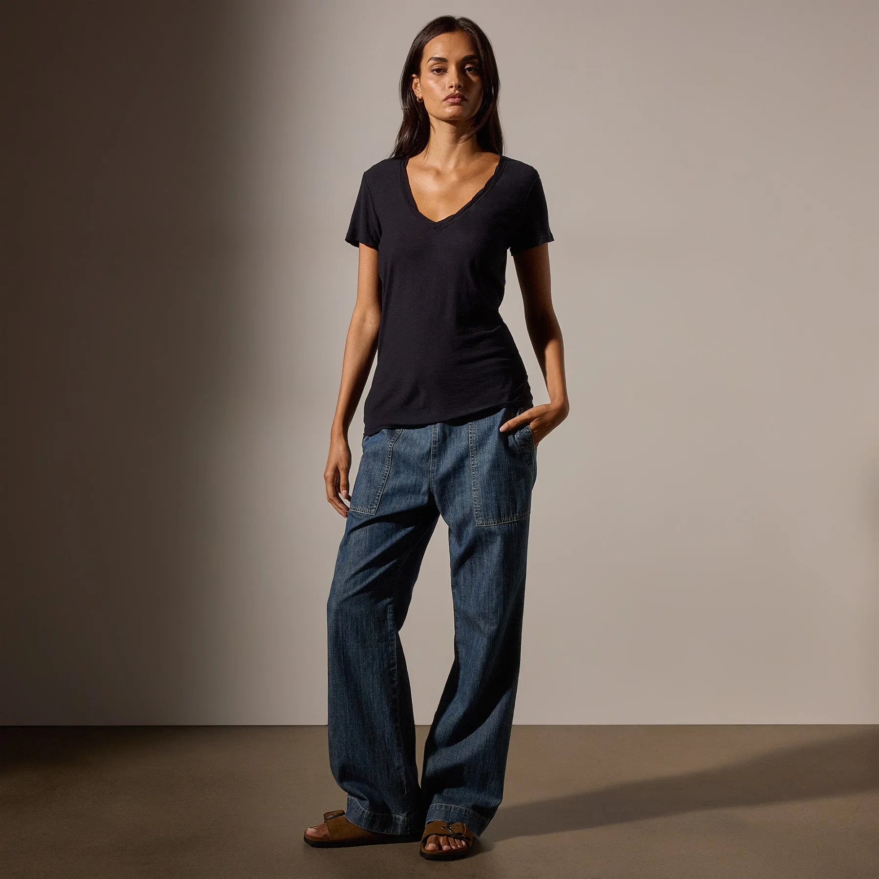 Sheer Slub Casual V Neck - Deep