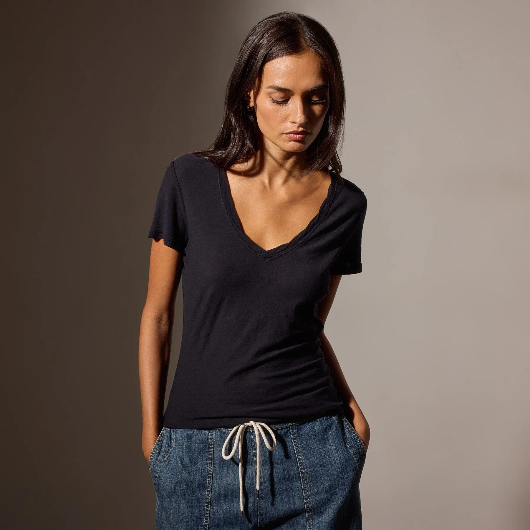 Sheer Slub Casual V Neck - Deep