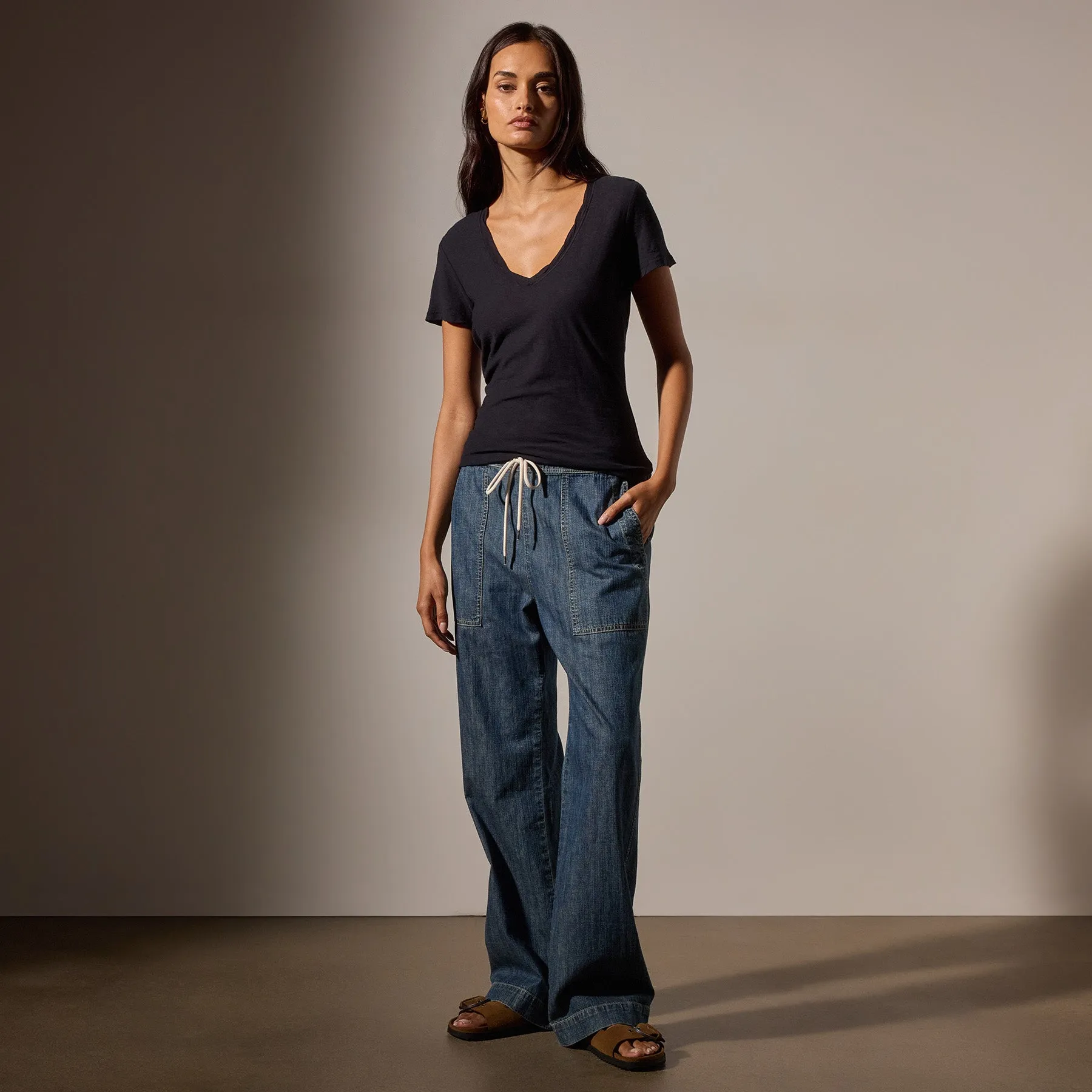 Sheer Slub Casual V Neck - Deep