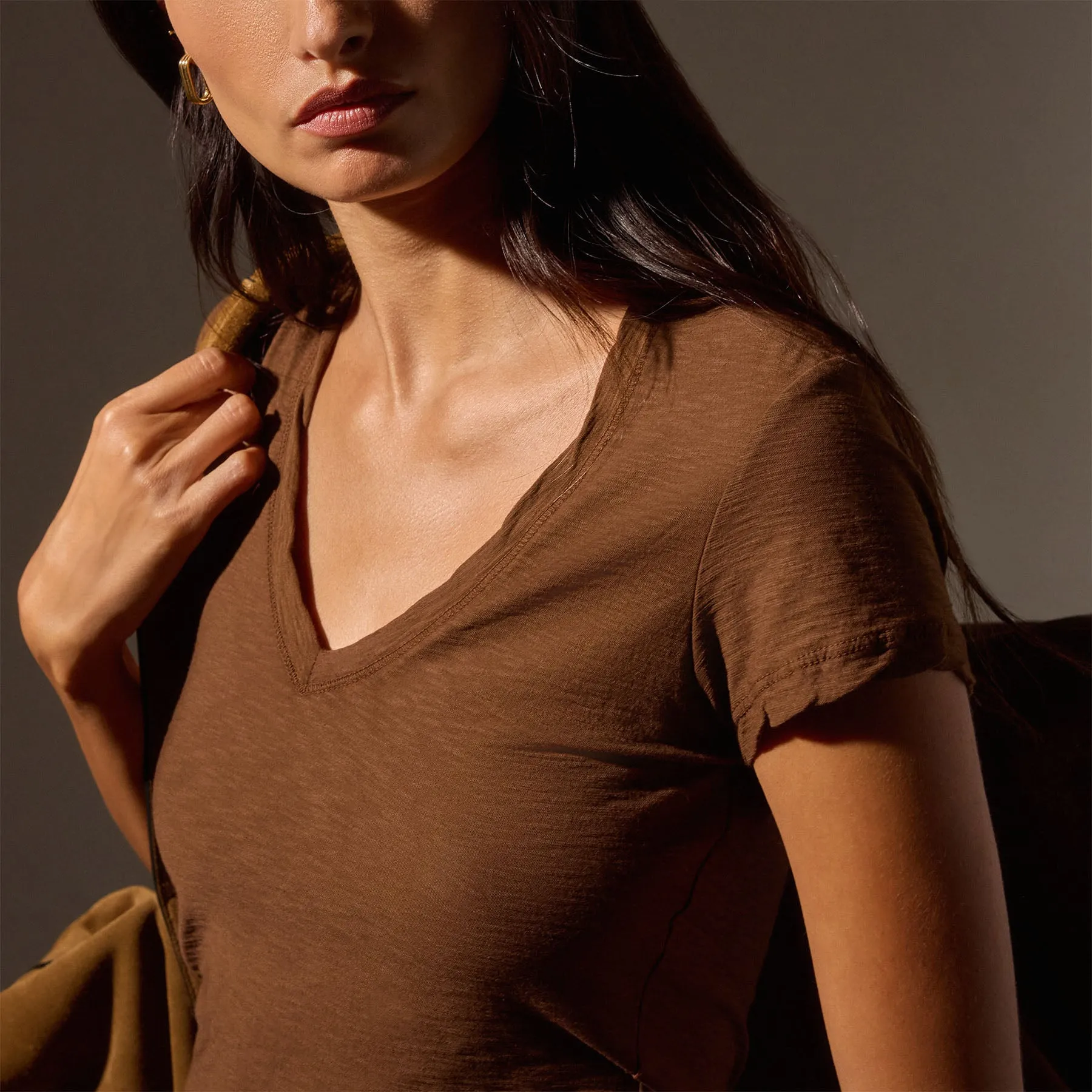 Sheer Slub Casual V Neck - Light Roast