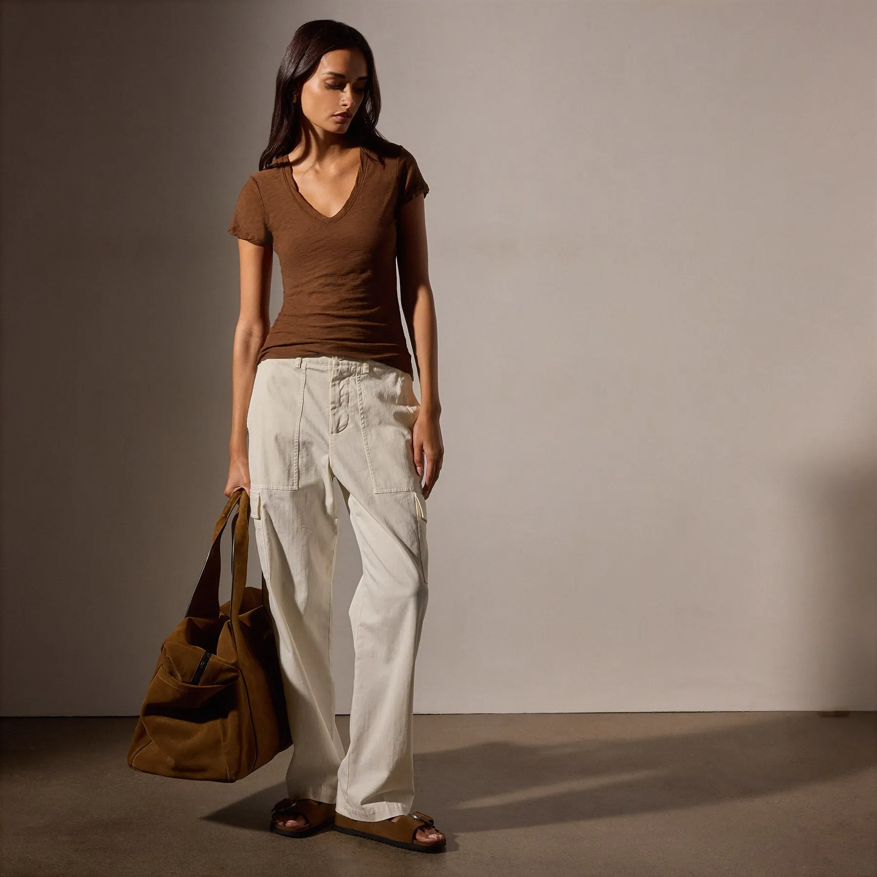 Sheer Slub Casual V Neck - Light Roast