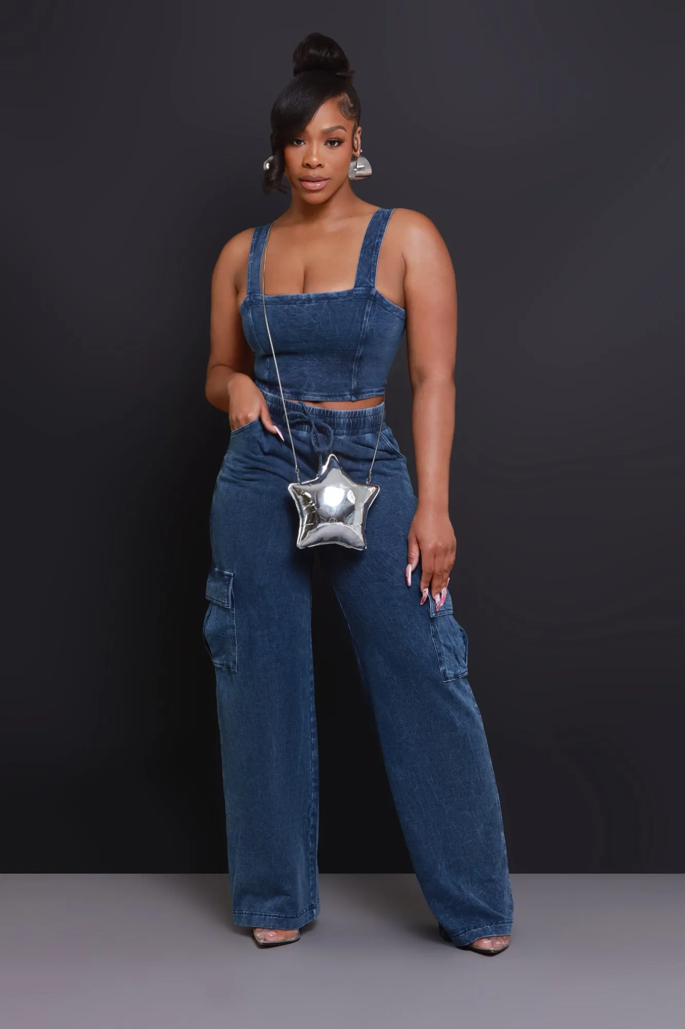 Shift Change High Rise Cargo Pants - Medium Wash