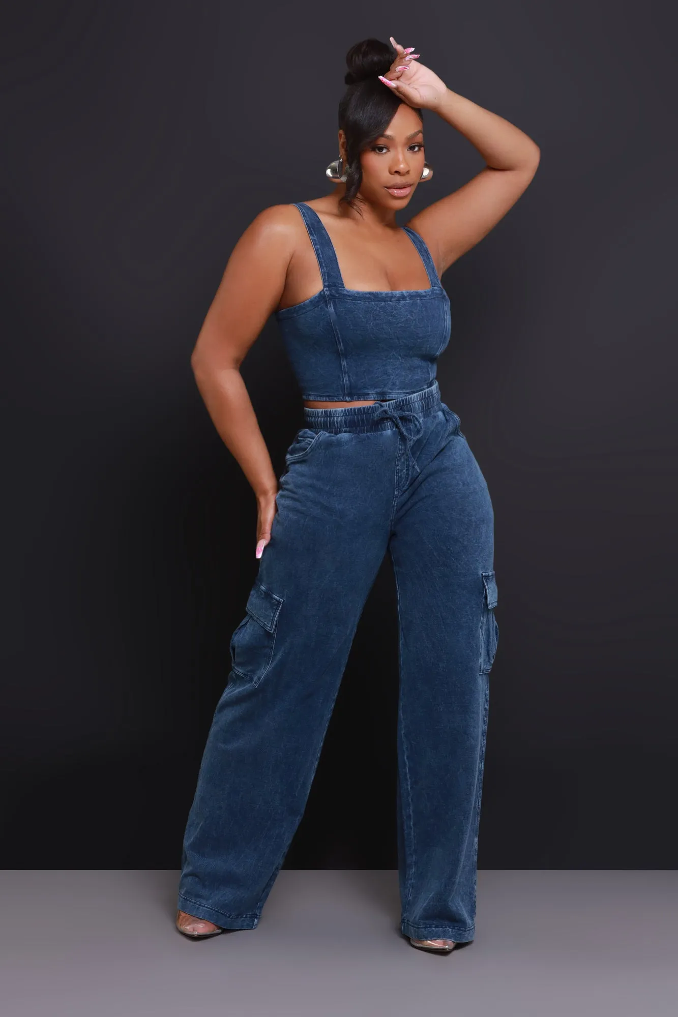 Shift Change High Rise Cargo Pants - Medium Wash