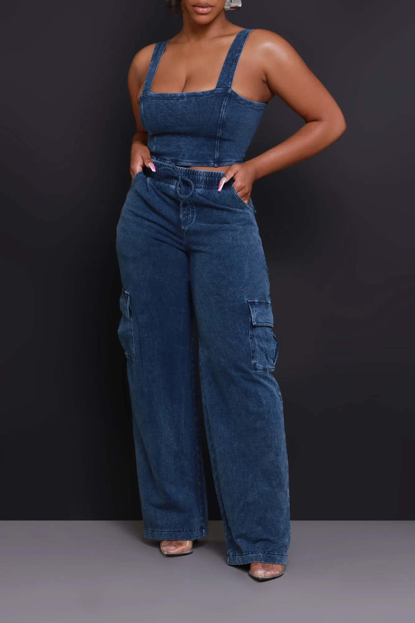 Shift Change High Rise Cargo Pants - Medium Wash