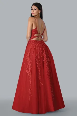 Stella Couture 23178 Size 10 Red Long Lace A Line Backless Shimmer Ball Gown Prom Dress Corset V Neck