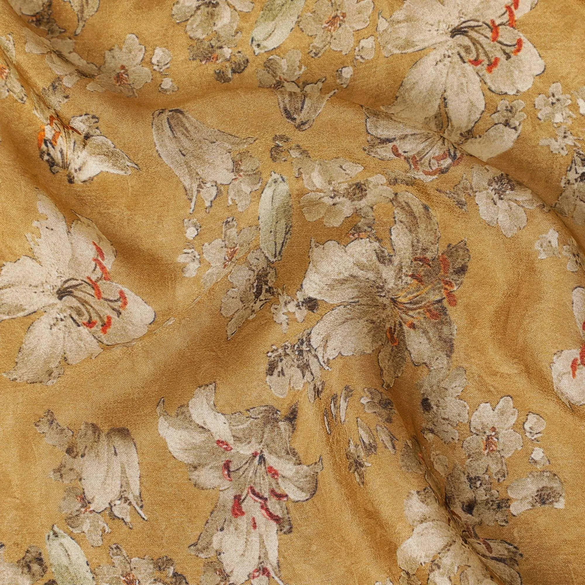 Trombone yellow viscose crepe fabric with multicolor print in floral design-D15694