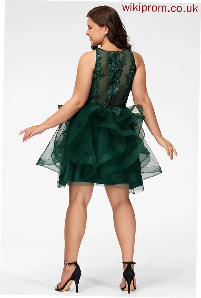 Tulle Short/Mini Neck Ball-Gown/Princess Sequins Scoop Cocktail With Leah Lace Dress Lace Cocktail Dresses