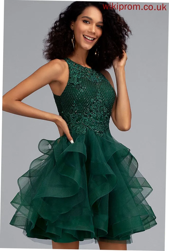 Tulle Short/Mini Neck Ball-Gown/Princess Sequins Scoop Cocktail With Leah Lace Dress Lace Cocktail Dresses