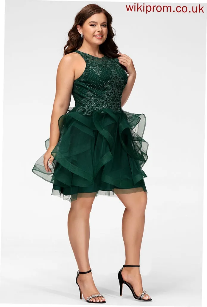 Tulle Short/Mini Neck Ball-Gown/Princess Sequins Scoop Cocktail With Leah Lace Dress Lace Cocktail Dresses