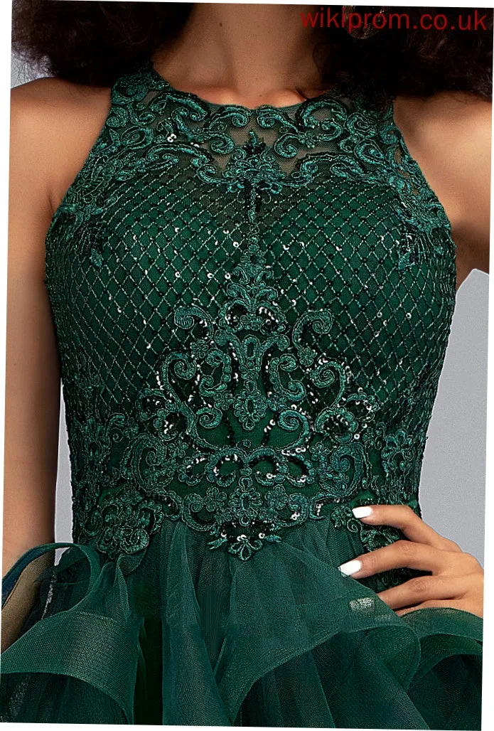 Tulle Short/Mini Neck Ball-Gown/Princess Sequins Scoop Cocktail With Leah Lace Dress Lace Cocktail Dresses