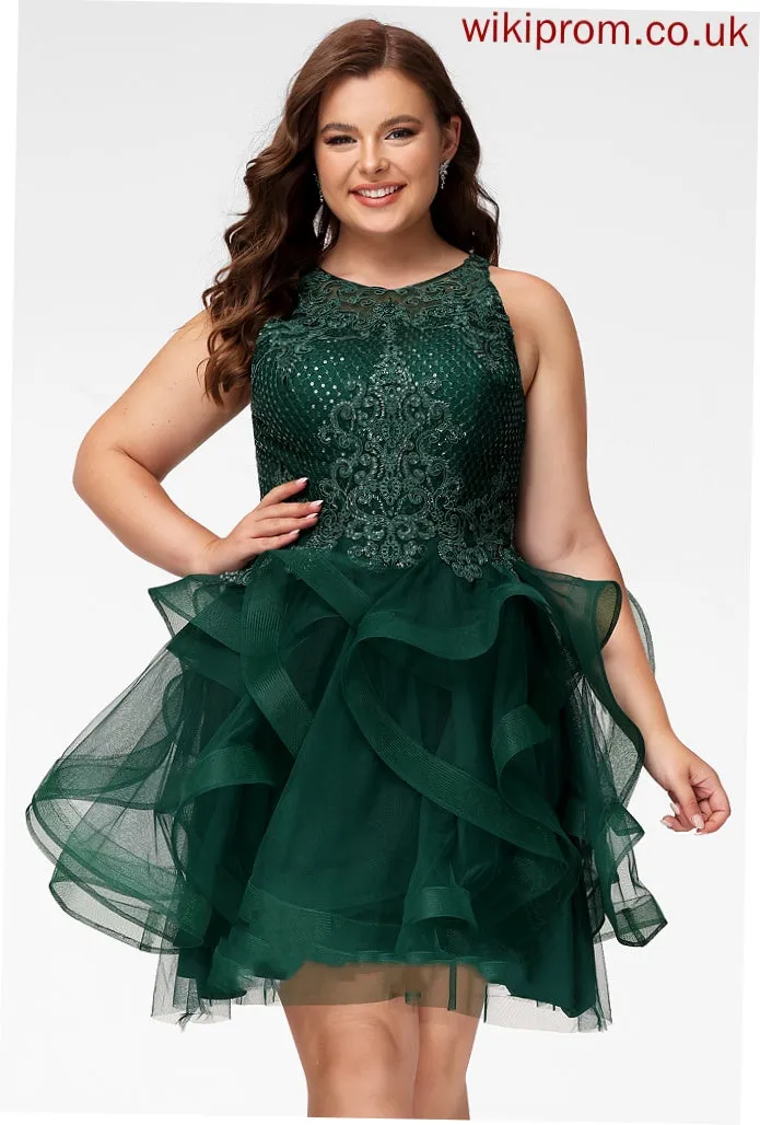 Tulle Short/Mini Neck Ball-Gown/Princess Sequins Scoop Cocktail With Leah Lace Dress Lace Cocktail Dresses
