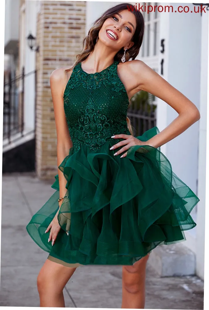 Tulle Short/Mini Neck Ball-Gown/Princess Sequins Scoop Cocktail With Leah Lace Dress Lace Cocktail Dresses