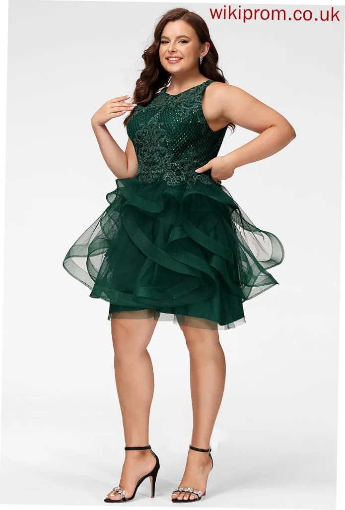 Tulle Short/Mini Neck Ball-Gown/Princess Sequins Scoop Cocktail With Leah Lace Dress Lace Cocktail Dresses