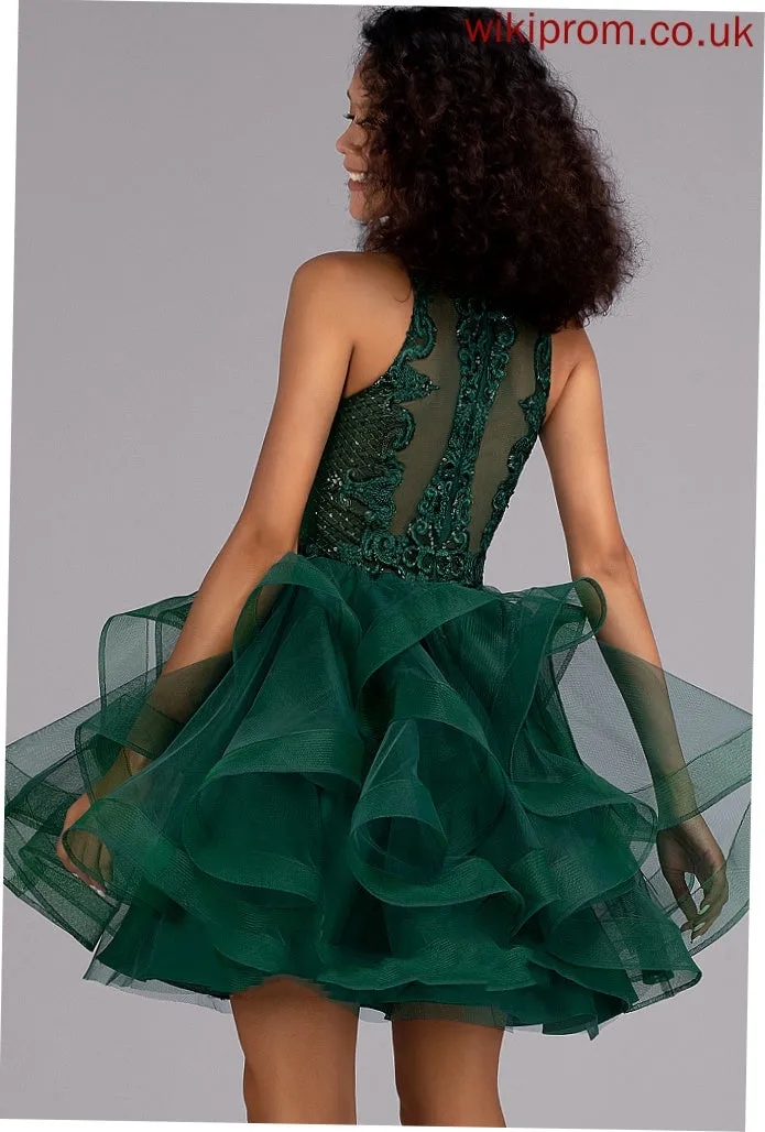 Tulle Short/Mini Neck Ball-Gown/Princess Sequins Scoop Cocktail With Leah Lace Dress Lace Cocktail Dresses