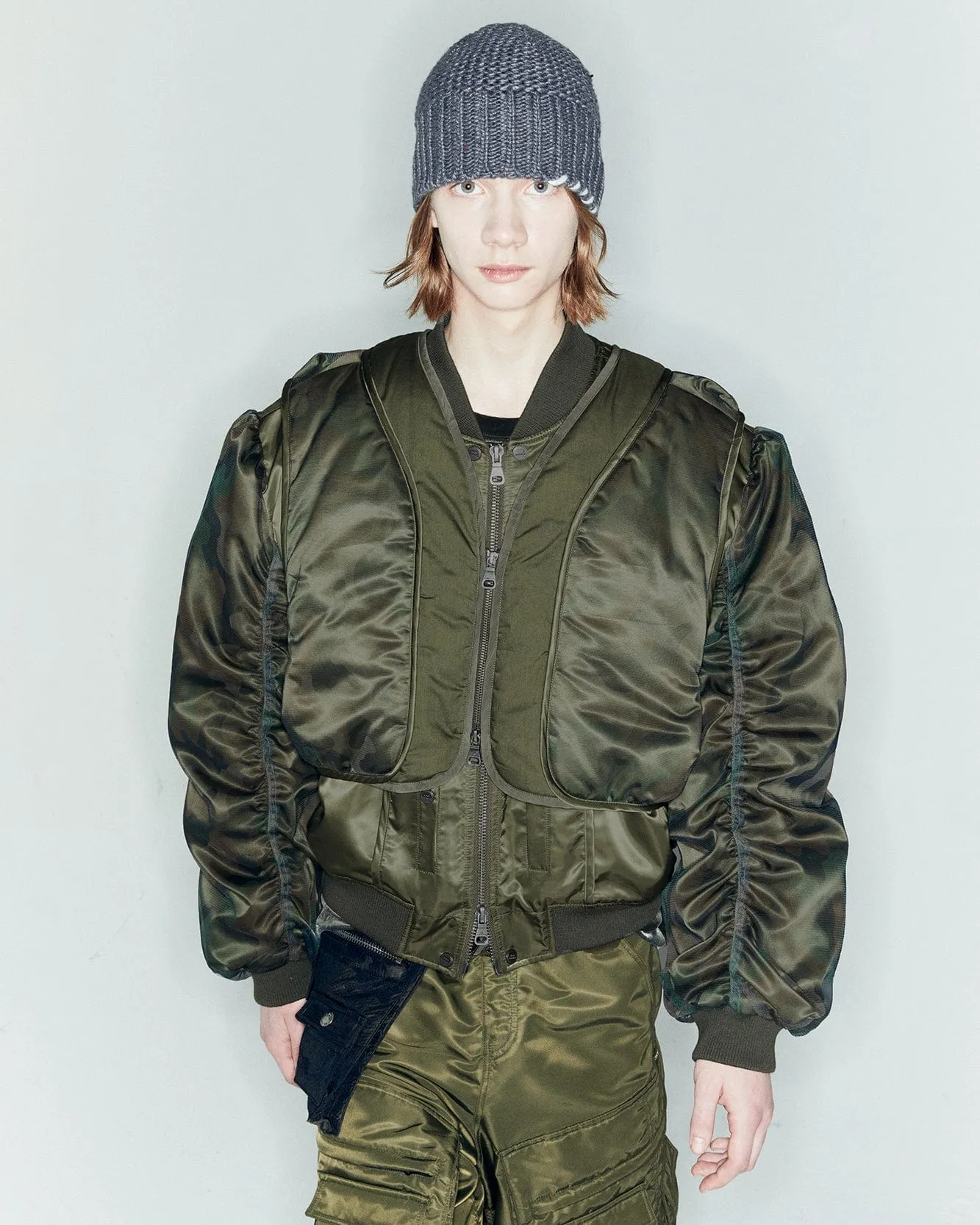 UNISEX MESH SLEEVE BOMBER JACKET awa626u(KHAKI)