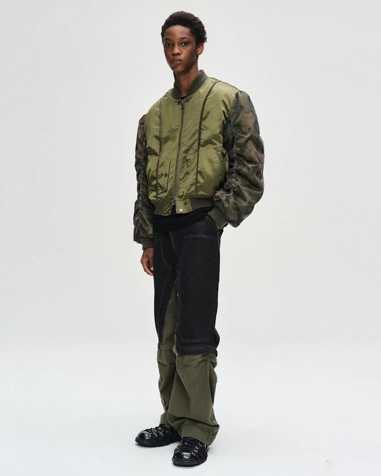 UNISEX MESH SLEEVE BOMBER JACKET awa626u(KHAKI)