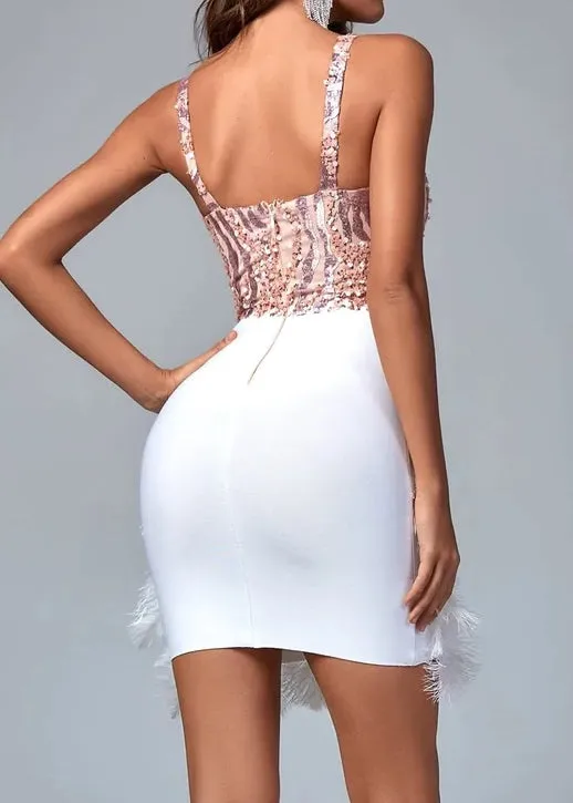 V Neck Feather Patchwork Mini Bodycon Dress
