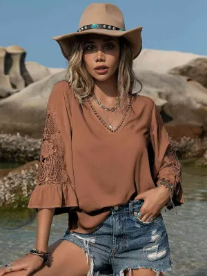V-Neck Flounce Sleeve Blouse