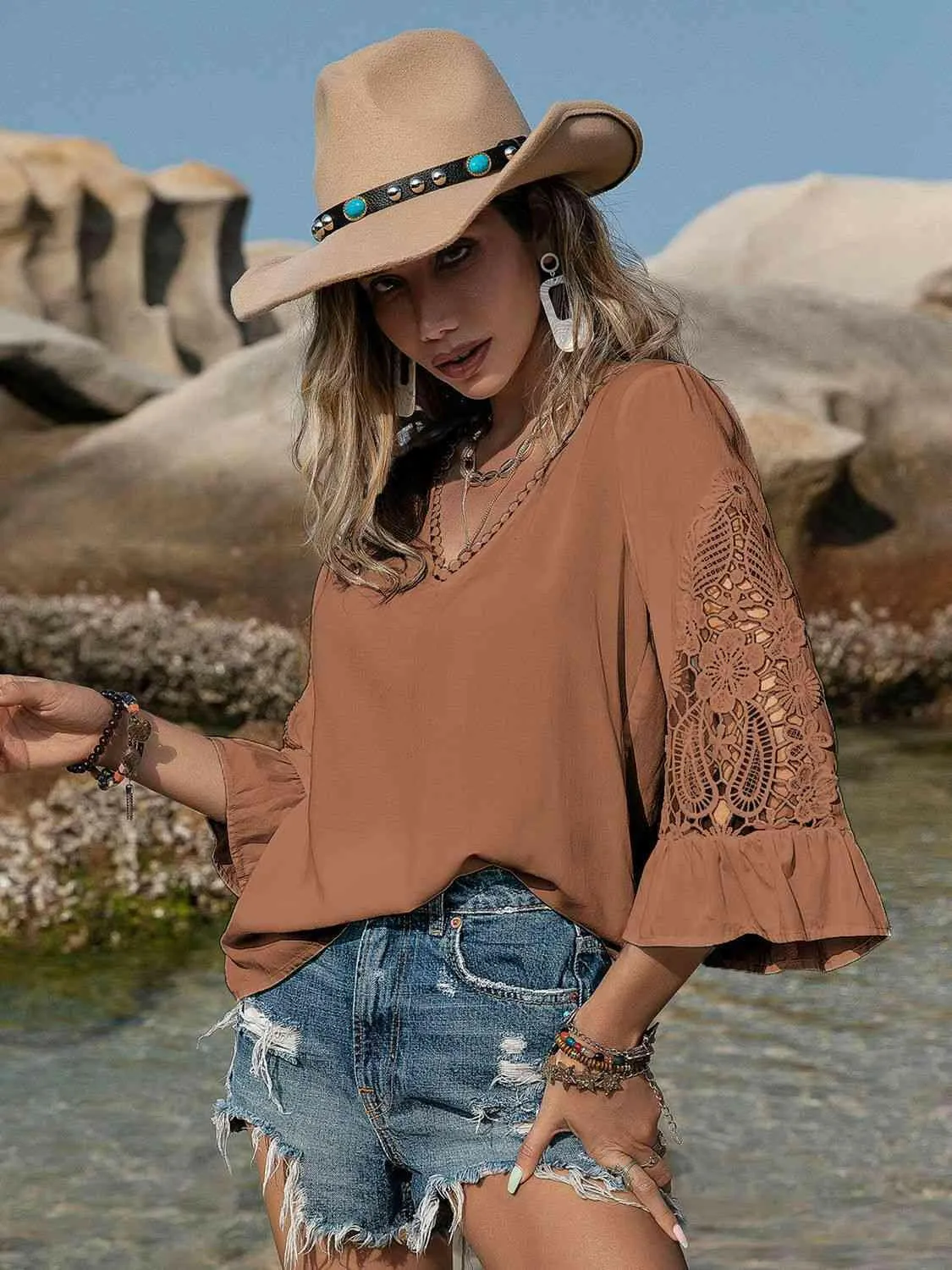 V-Neck Flounce Sleeve Blouse