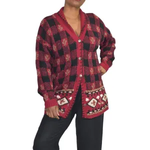 Vintage Ugly Sweater Hand Knit Cardigan Northern Isles Red Chunky Grandma Size Medium