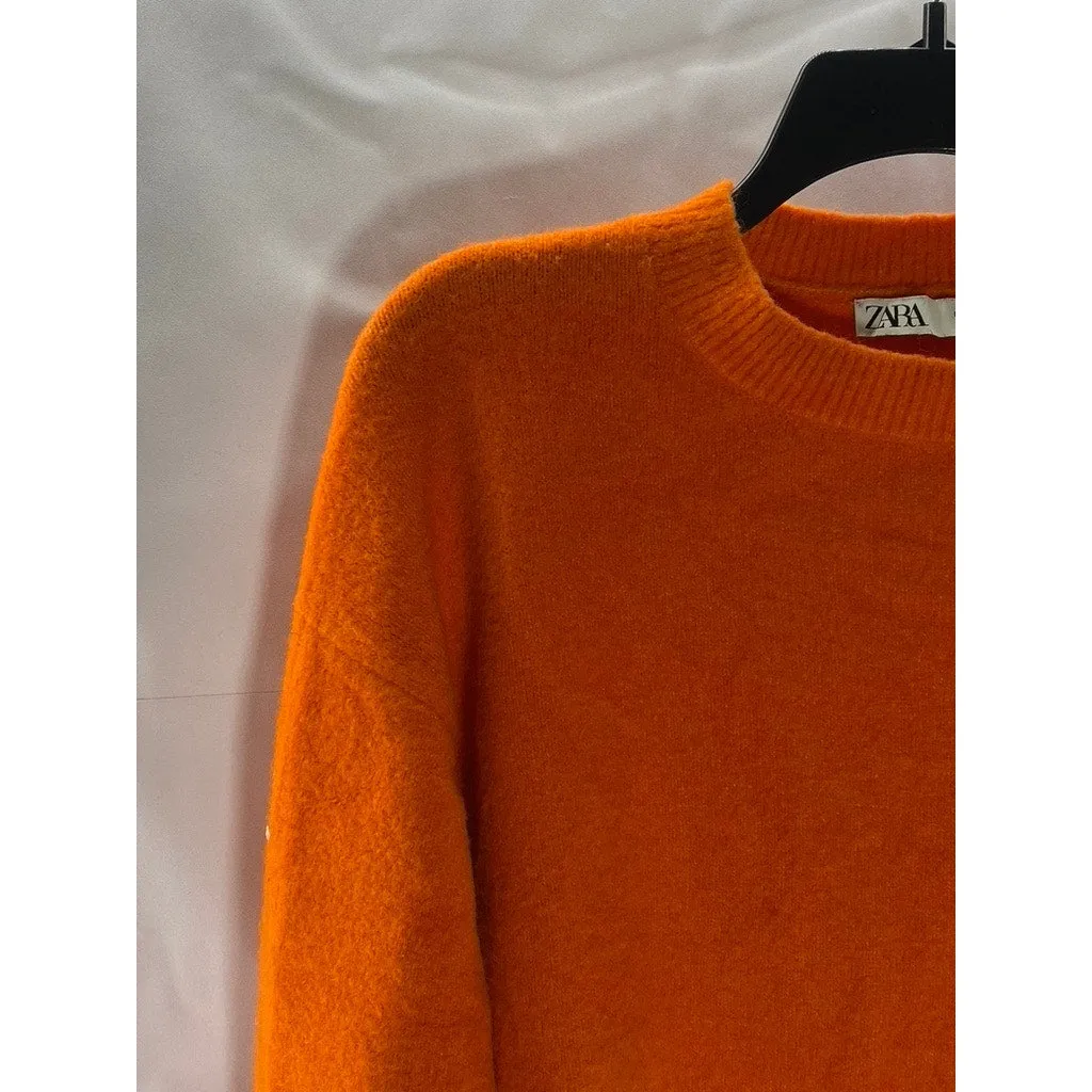 ZARA Women's Orange Solid Knit Crewneck Oversized Sweater SZ S